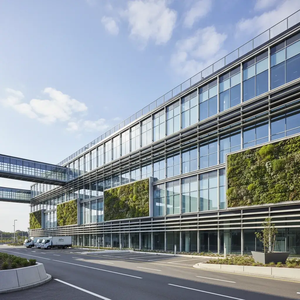Modern industrial building with clean steel facade and blue sky