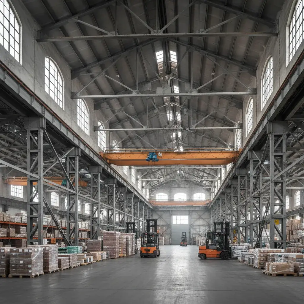 Clean modern warehouse interior with steel framework